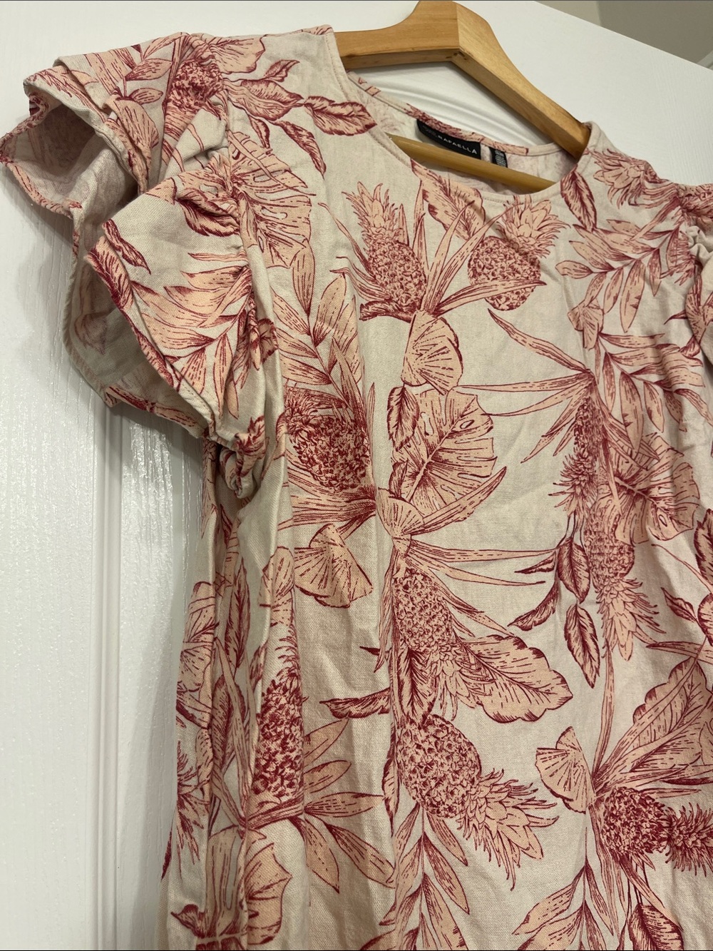 Rafaella Cream Top with Pink Floral Print and Ruffle Sleeves XL linen - Picture 2 of 6